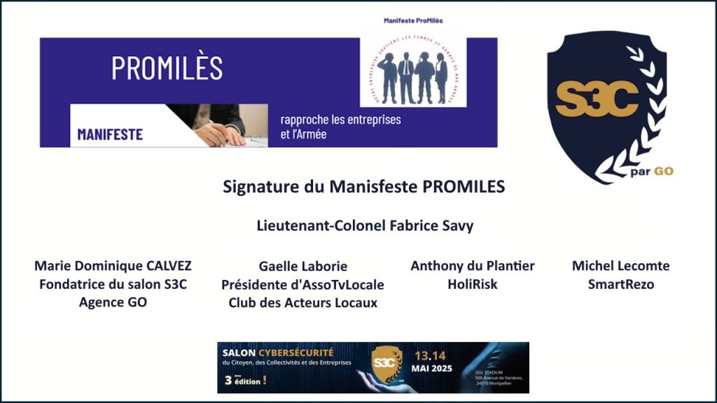 Salon S3C - Signature du manifeste ProMilès en présence du lieutenant-Colonnel Fabrice SAVY, Marie Dominique CALVEZ, Gaëlle Laborie, Antony du Plantier et Michel Lecomte