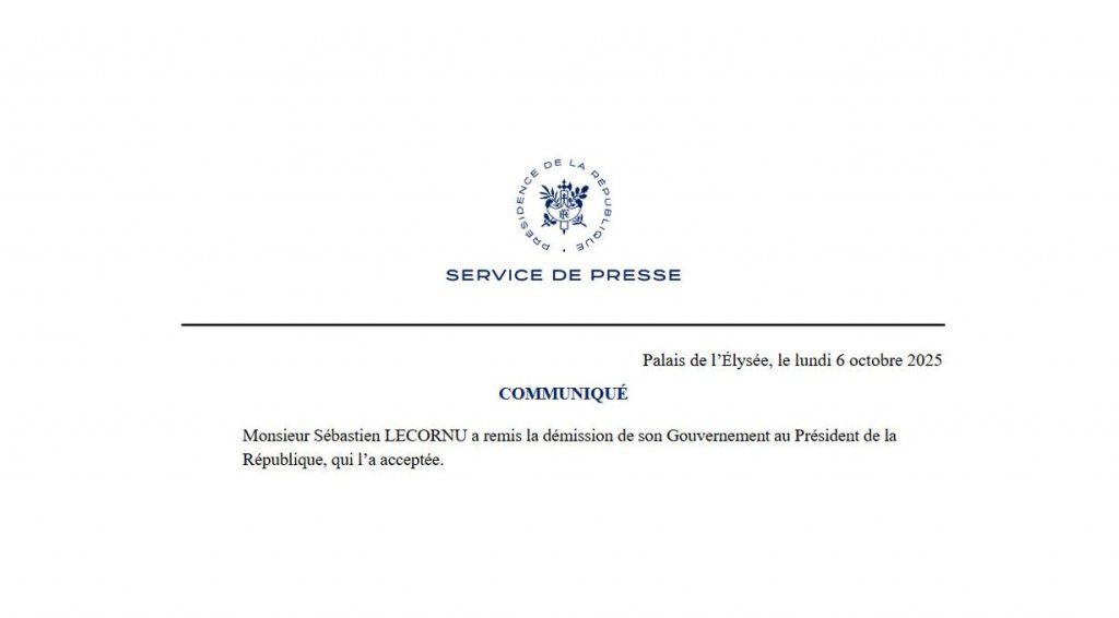Monsieur Sébastien LECORNU a remis la démission de son Gouvernement au Président de la République, qui l'a acceptée.  
